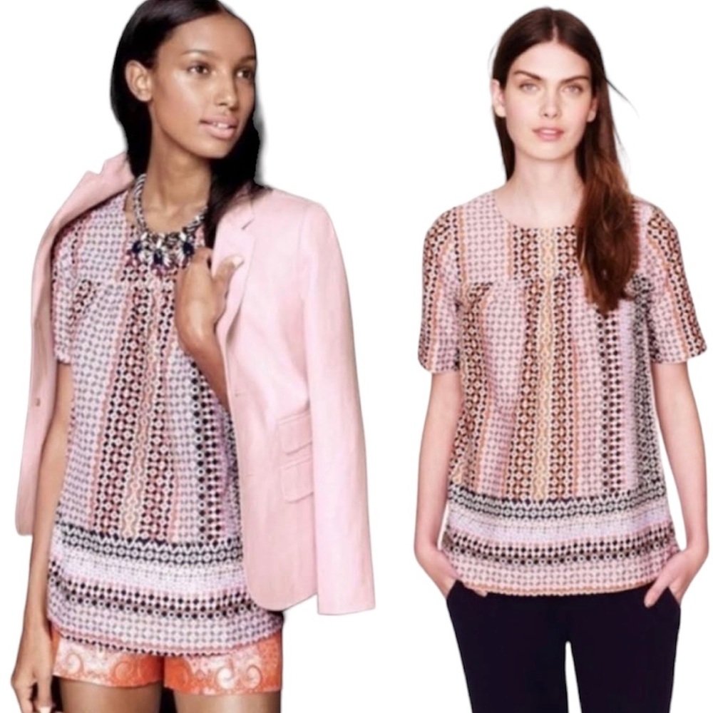 J. Crew • Pink Orange White • Geo Pattern Blouse • Short Sleeve Top • Flowy